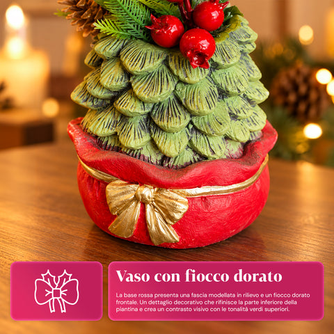 Ornamental mini tree 20 cm, Christmas table decoration with pinecones, red berries, and a raised bow, 2 variants in red and gold