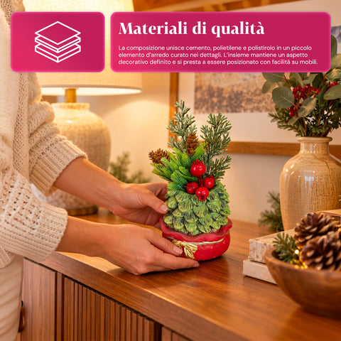 Ornamental mini tree 20 cm, Christmas table decoration with pinecones, red berries, and a raised bow, 2 variants in red and gold