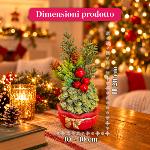Ornamental mini tree 20 cm, Christmas table decoration with pinecones, red berries, and a raised bow, 2 variants in red and gold