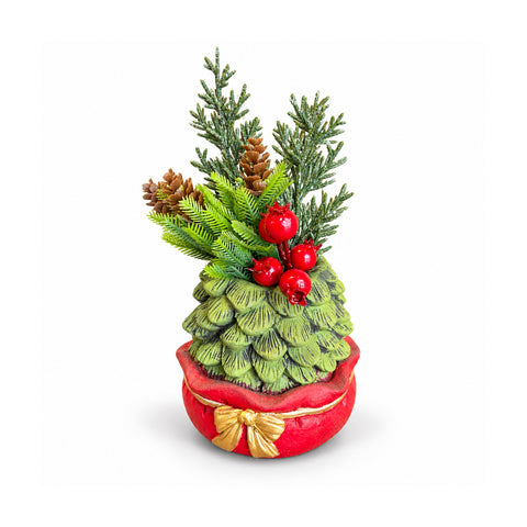 Ornamental mini tree 20 cm, Christmas table decoration with pinecones, red berries, and a raised bow, 2 variants in red and gold