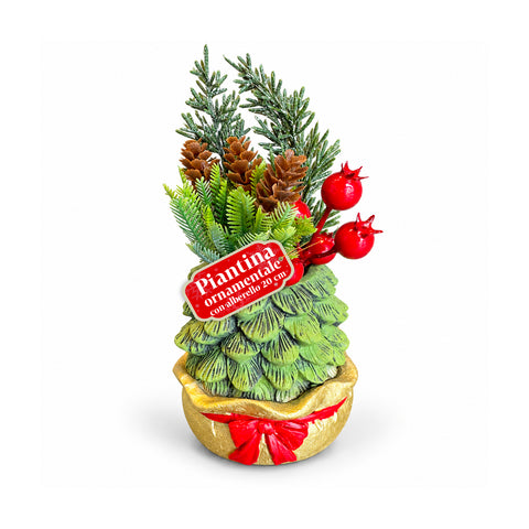 Ornamental mini tree 20 cm, Christmas table decoration with pinecones, red berries, and a raised bow, 2 variants in red and gold