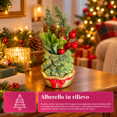 Ornamental mini tree 20 cm, Christmas table decoration with pinecones, red berries, and a raised bow, 2 variants in red and gold