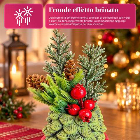 Ornamental mini tree 20 cm, Christmas table decoration with pinecones, red berries, and a raised bow, 2 variants in red and gold