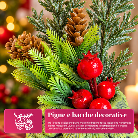 Ornamental mini tree 20 cm, Christmas table decoration with pinecones, red berries, and a raised bow, 2 variants in red and gold