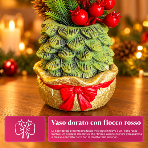 Ornamental mini tree 20 cm, Christmas table decoration with pinecones, red berries, and a raised bow, 2 variants in red and gold