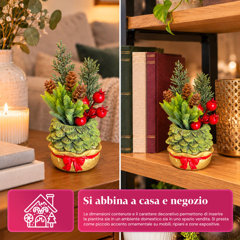 Ornamental mini tree 20 cm, Christmas table decoration with pinecones, red berries, and a raised bow, 2 variants in red and gold