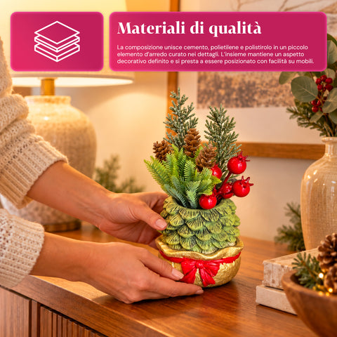 Ornamental mini tree 20 cm, Christmas table decoration with pinecones, red berries, and a raised bow, 2 variants in red and gold