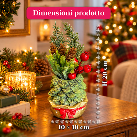 Ornamental mini tree 20 cm, Christmas table decoration with pinecones, red berries, and a raised bow, 2 variants in red and gold
