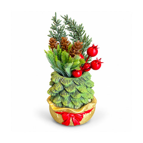 Ornamental mini tree 20 cm, Christmas table decoration with pinecones, red berries, and a raised bow, 2 variants in red and gold