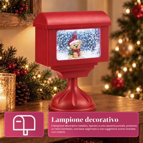 Christmas decorative lamppost mailbox with snow effect, LED lights and music, 2 variants: Santa Claus or Teddy Bear, height 41 cm, battery-powered