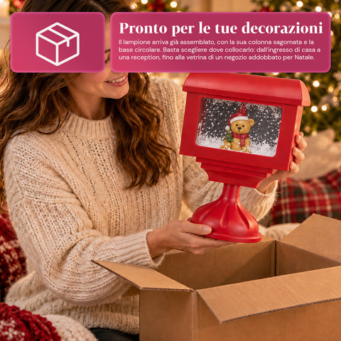 Christmas decorative lamppost mailbox with snow effect, LED lights and music, 2 variants: Santa Claus or Teddy Bear, height 41 cm, battery-powered