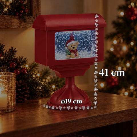 Christmas decorative lamppost mailbox with snow effect, LED lights and music, 2 variants: Santa Claus or Teddy Bear, height 41 cm, battery-powered