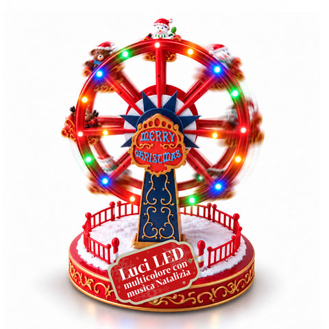 Christmas Ferris Wheel with LED Lights, Music and Rotating Motion, 2 Colors, Animated Christmas Decoration, Height 26 cm, Base 22 cm, Plastic