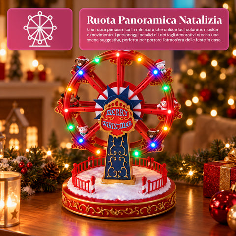 Christmas Ferris Wheel with LED Lights, Music and Rotating Motion, 2 Colors, Animated Christmas Decoration, Height 26 cm, Base 22 cm, Plastic