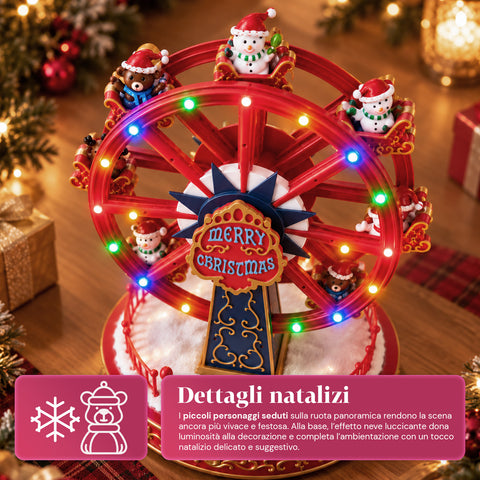 Christmas Ferris Wheel with LED Lights, Music and Rotating Motion, 2 Colors, Animated Christmas Decoration, Height 26 cm, Base 22 cm, Plastic