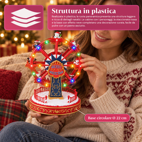 Christmas Ferris Wheel with LED Lights, Music and Rotating Motion, 2 Colors, Animated Christmas Decoration, Height 26 cm, Base 22 cm, Plastic
