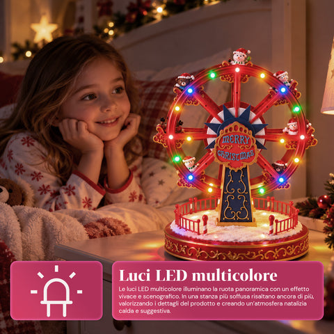 Christmas Ferris Wheel with LED Lights, Music and Rotating Motion, 2 Colors, Animated Christmas Decoration, Height 26 cm, Base 22 cm, Plastic