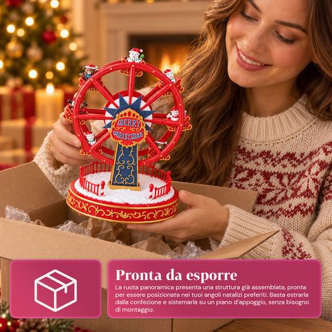 Christmas Ferris Wheel with LED Lights, Music and Rotating Motion, 2 Colors, Animated Christmas Decoration, Height 26 cm, Base 22 cm, Plastic