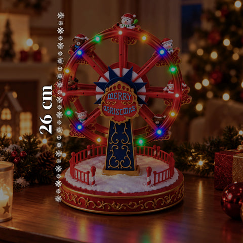 Christmas Ferris Wheel with LED Lights, Music and Rotating Motion, 2 Colors, Animated Christmas Decoration, Height 26 cm, Base 22 cm, Plastic
