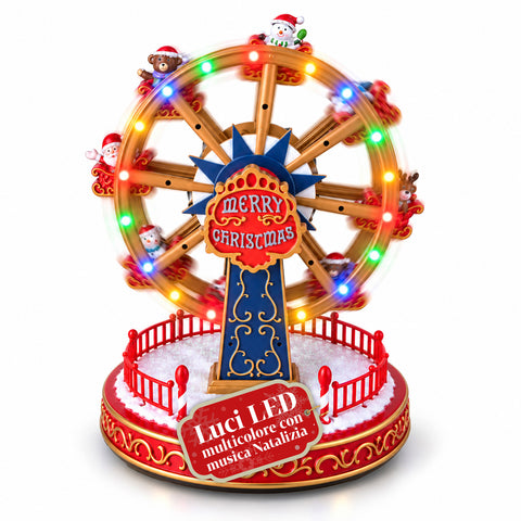Christmas Ferris Wheel with LED Lights, Music and Rotating Motion, 2 Colors, Animated Christmas Decoration, Height 26 cm, Base 22 cm, Plastic