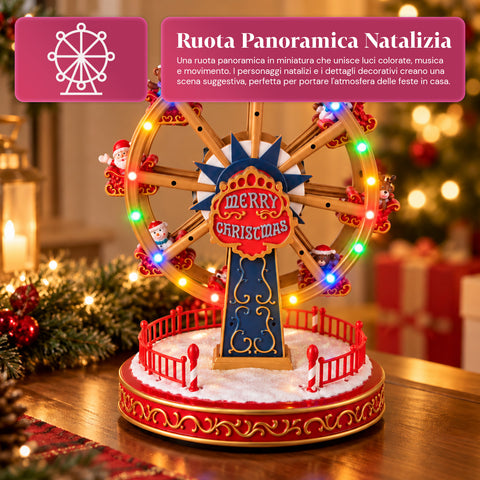 Christmas Ferris Wheel with LED Lights, Music and Rotating Motion, 2 Colors, Animated Christmas Decoration, Height 26 cm, Base 22 cm, Plastic