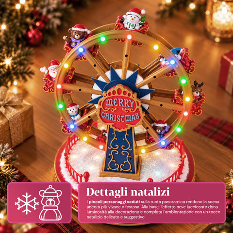 Christmas Ferris Wheel with LED Lights, Music and Rotating Motion, 2 Colors, Animated Christmas Decoration, Height 26 cm, Base 22 cm, Plastic