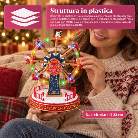 Christmas Ferris Wheel with LED Lights, Music and Rotating Motion, 2 Colors, Animated Christmas Decoration, Height 26 cm, Base 22 cm, Plastic