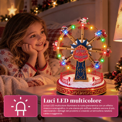 Christmas Ferris Wheel with LED Lights, Music and Rotating Motion, 2 Colors, Animated Christmas Decoration, Height 26 cm, Base 22 cm, Plastic