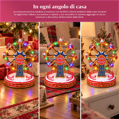 Christmas Ferris Wheel with LED Lights, Music and Rotating Motion, 2 Colors, Animated Christmas Decoration, Height 26 cm, Base 22 cm, Plastic