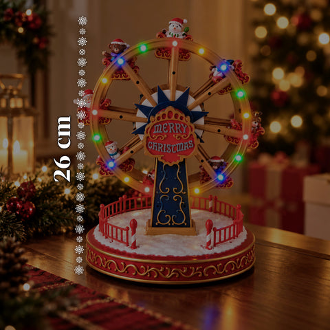 Christmas Ferris Wheel with LED Lights, Music and Rotating Motion, 2 Colors, Animated Christmas Decoration, Height 26 cm, Base 22 cm, Plastic