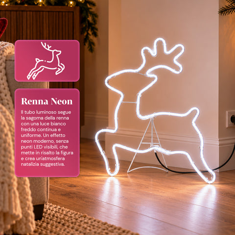 Cool White Neon LED Reindeer Light 65x58 cm, Indoor and Outdoor