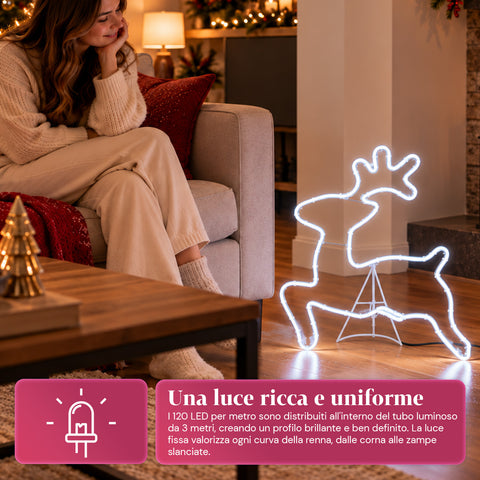 Cool White Neon LED Reindeer Light 65x58 cm, Indoor and Outdoor