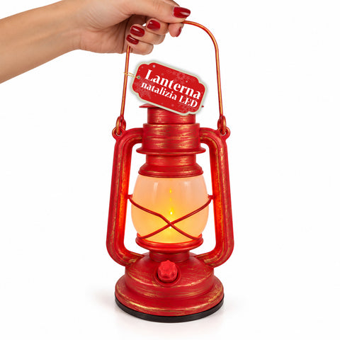 Red LED Christmas Lantern with Flame Effect and Christmas Music, Hanging Hook and Gold Details, 15x11x25 cm Decoration
