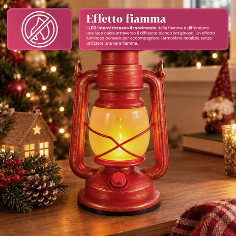 Red LED Christmas Lantern with Flame Effect and Christmas Music, Hanging Hook and Gold Details, 15x11x25 cm Decoration
