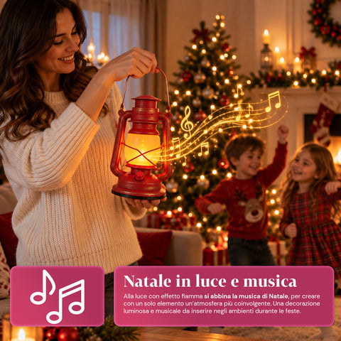 Red LED Christmas Lantern with Flame Effect and Christmas Music, Hanging Hook and Gold Details, 15x11x25 cm Decoration