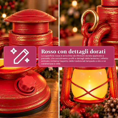 Red LED Christmas Lantern with Flame Effect and Christmas Music, Hanging Hook and Gold Details, 15x11x25 cm Decoration