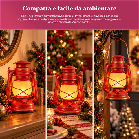 Red LED Christmas Lantern with Flame Effect and Christmas Music, Hanging Hook and Gold Details, 15x11x25 cm Decoration