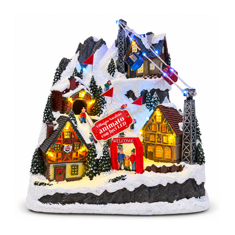 Illuminated Christmas Village with Moving Slide, Cable Car, LED Lights and Christmas Music – 28x19x32 cm