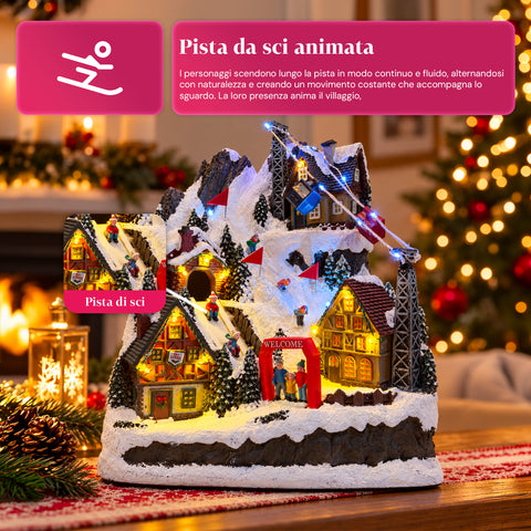Illuminated Christmas Village with Moving Slide, Cable Car, LED Lights and Christmas Music – 28x19x32 cm