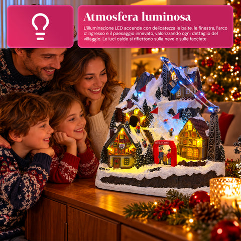 Illuminated Christmas Village with Moving Slide, Cable Car, LED Lights and Christmas Music – 28x19x32 cm