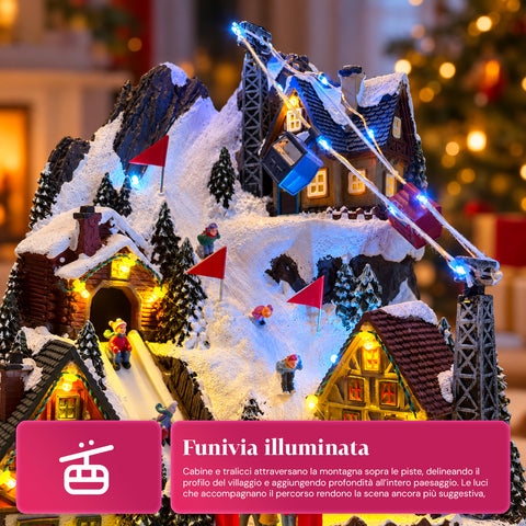 Illuminated Christmas Village with Moving Slide, Cable Car, LED Lights and Christmas Music – 28x19x32 cm