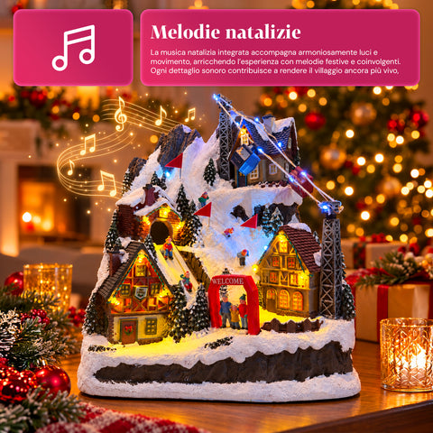 Illuminated Christmas Village with Moving Slide, Cable Car, LED Lights and Christmas Music – 28x19x32 cm