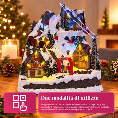 Illuminated Christmas Village with Moving Slide, Cable Car, LED Lights and Christmas Music – 28x19x32 cm