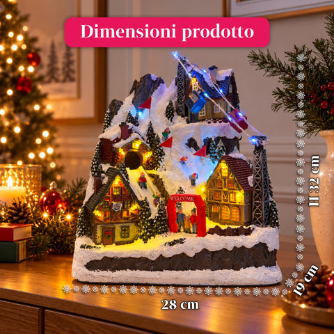 Illuminated Christmas Village with Moving Slide, Cable Car, LED Lights and Christmas Music – 28x19x32 cm