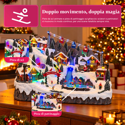 Illuminated Christmas Village with Moving Ski and Skating Rinks, LED Lights and Music – 56x37x42 cm