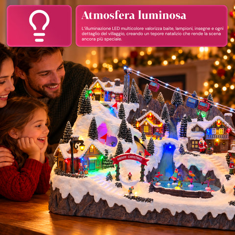 Illuminated Christmas Village with Moving Ski and Skating Rinks, LED Lights and Music – 56x37x42 cm