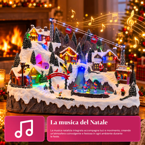 Illuminated Christmas Village with Moving Ski and Skating Rinks, LED Lights and Music – 56x37x42 cm