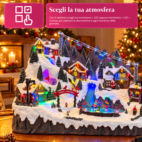 Illuminated Christmas Village with Moving Ski and Skating Rinks, LED Lights and Music – 56x37x42 cm