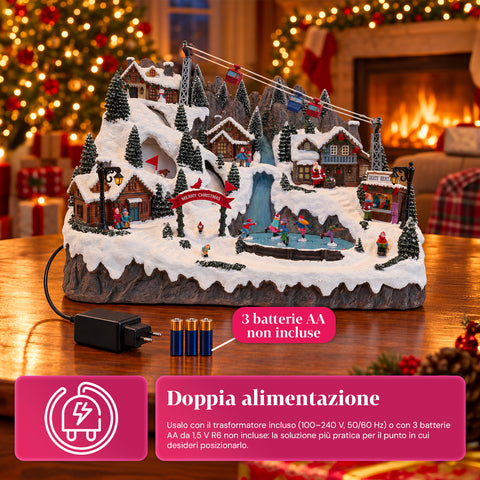 Illuminated Christmas Village with Moving Ski and Skating Rinks, LED Lights and Music – 56x37x42 cm