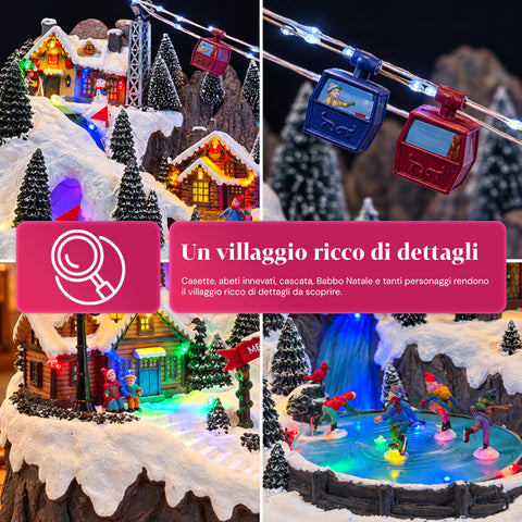 Illuminated Christmas Village with Moving Ski and Skating Rinks, LED Lights and Music – 56x37x42 cm